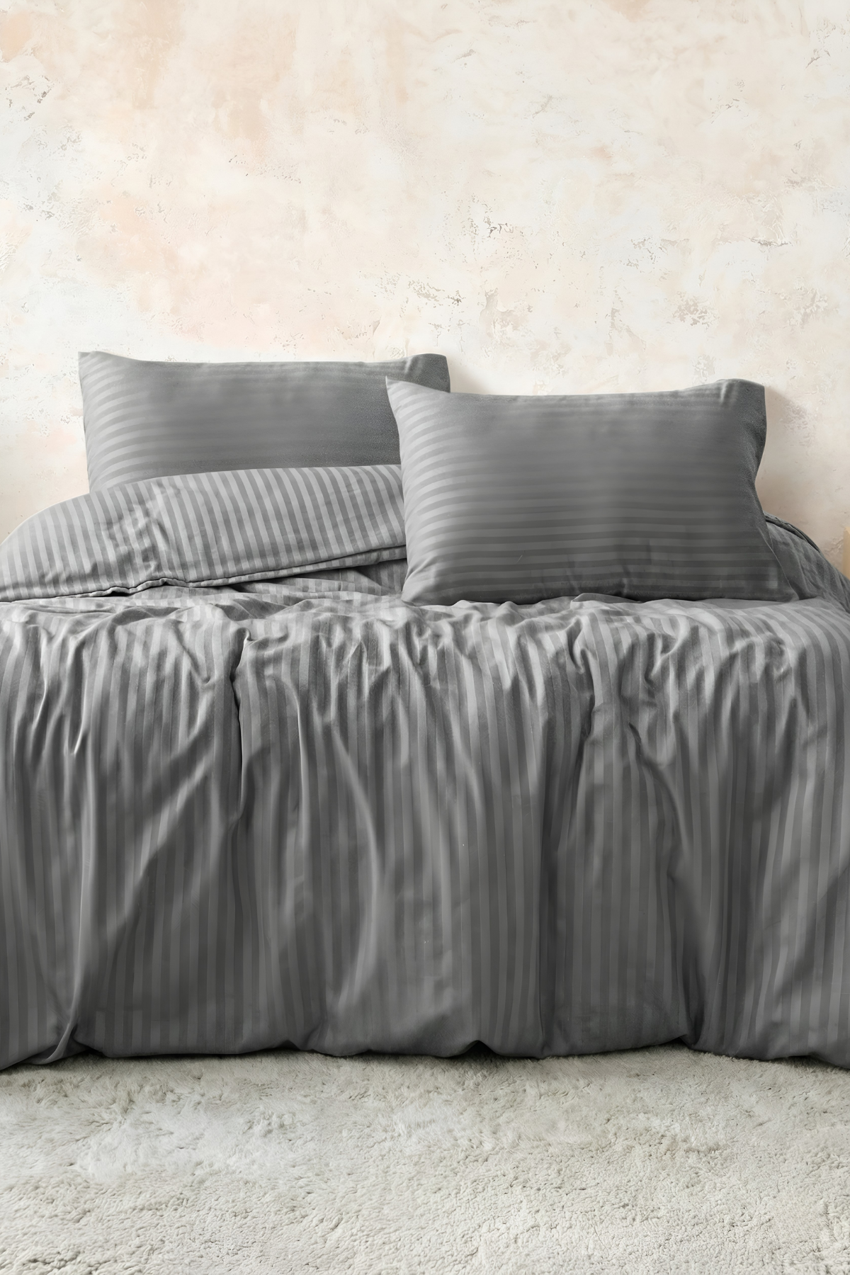 Çift Kişilik Pamuk - Saten 210 TC (83 Tel) Çizgili Nevresim Takımı Antrasit