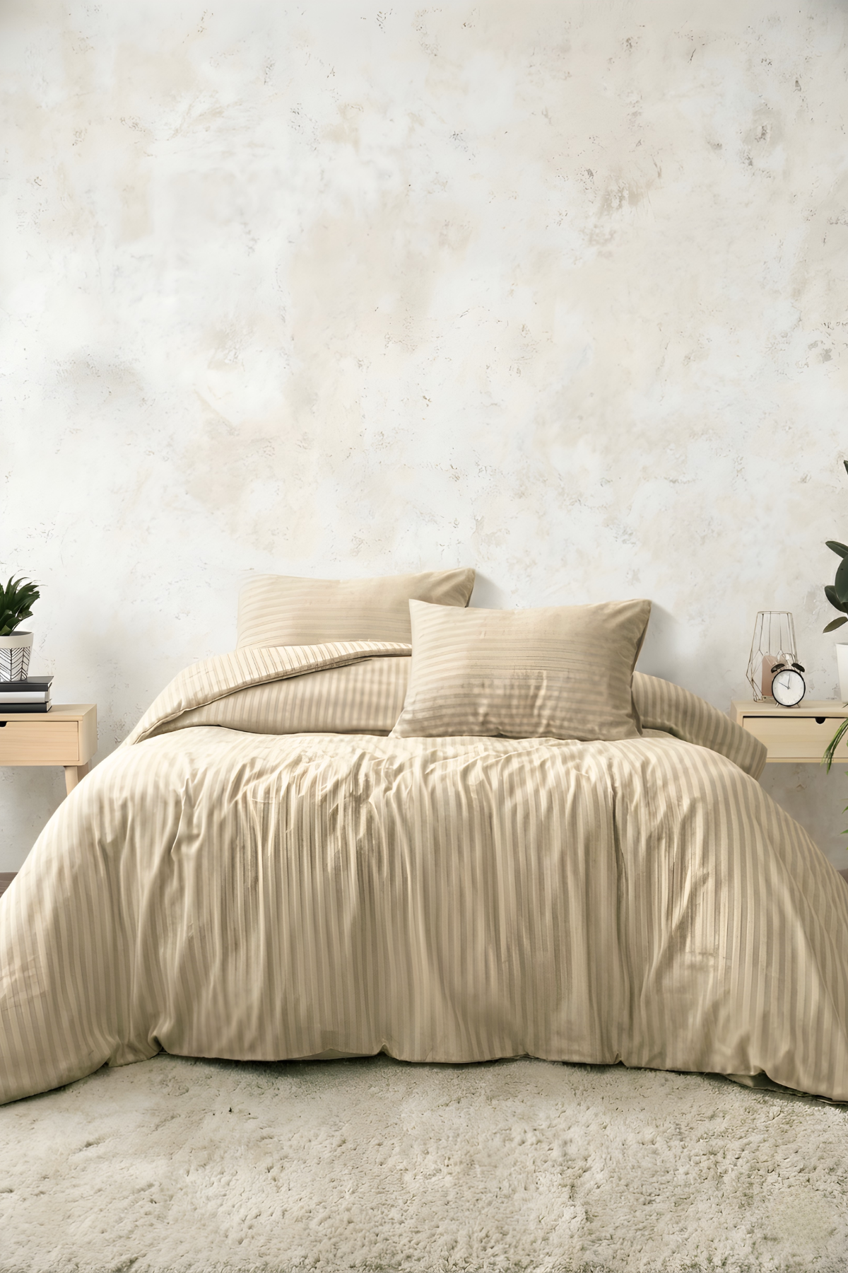 Çift Kişilik Pamuk - Saten 210 TC (83 Tel) Çizgili Nevresim Takımı Bej