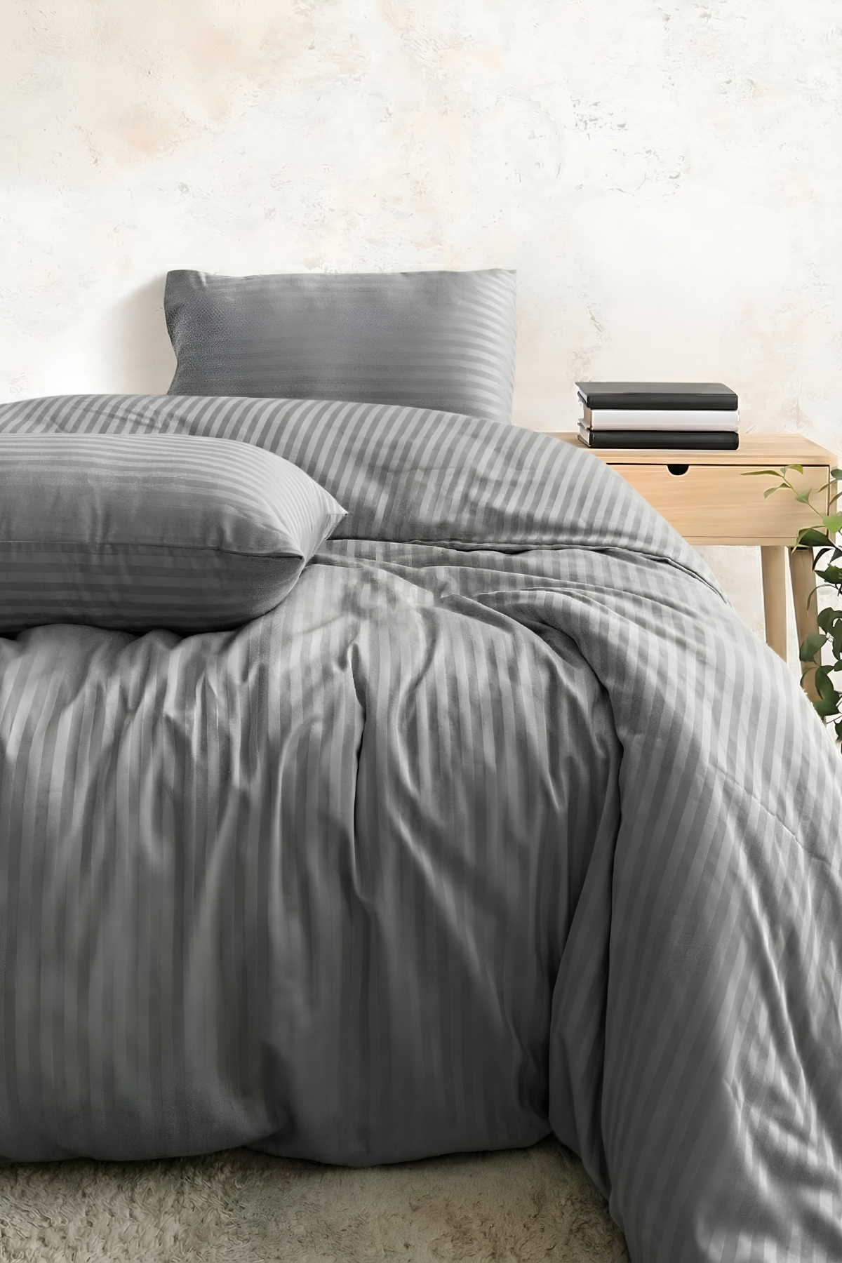 Çift Kişilik Pamuk - Saten 210 TC (83 Tel) Çizgili Nevresim Takımı Antrasit