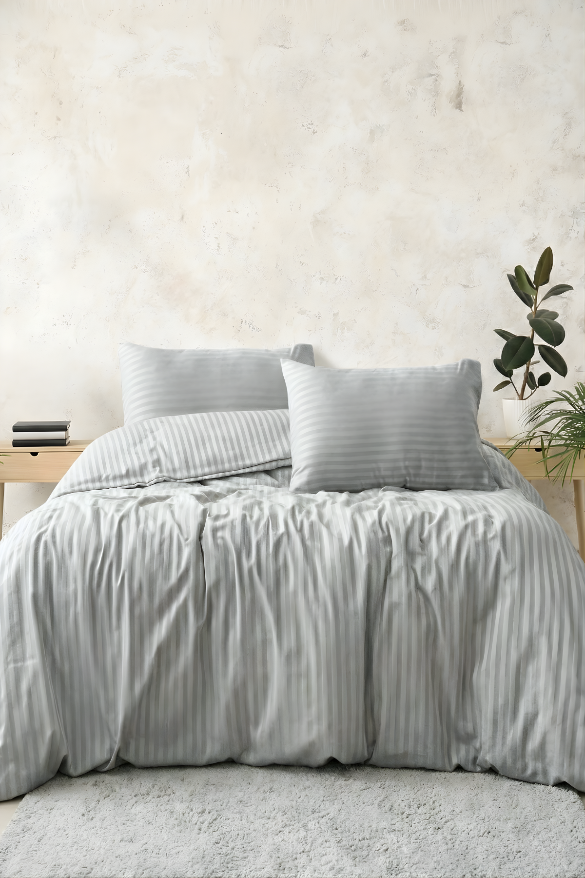 Çift Kişilik Pamuk - Saten 210 TC (83 Tel) Çizgili Nevresim Takımı Gri