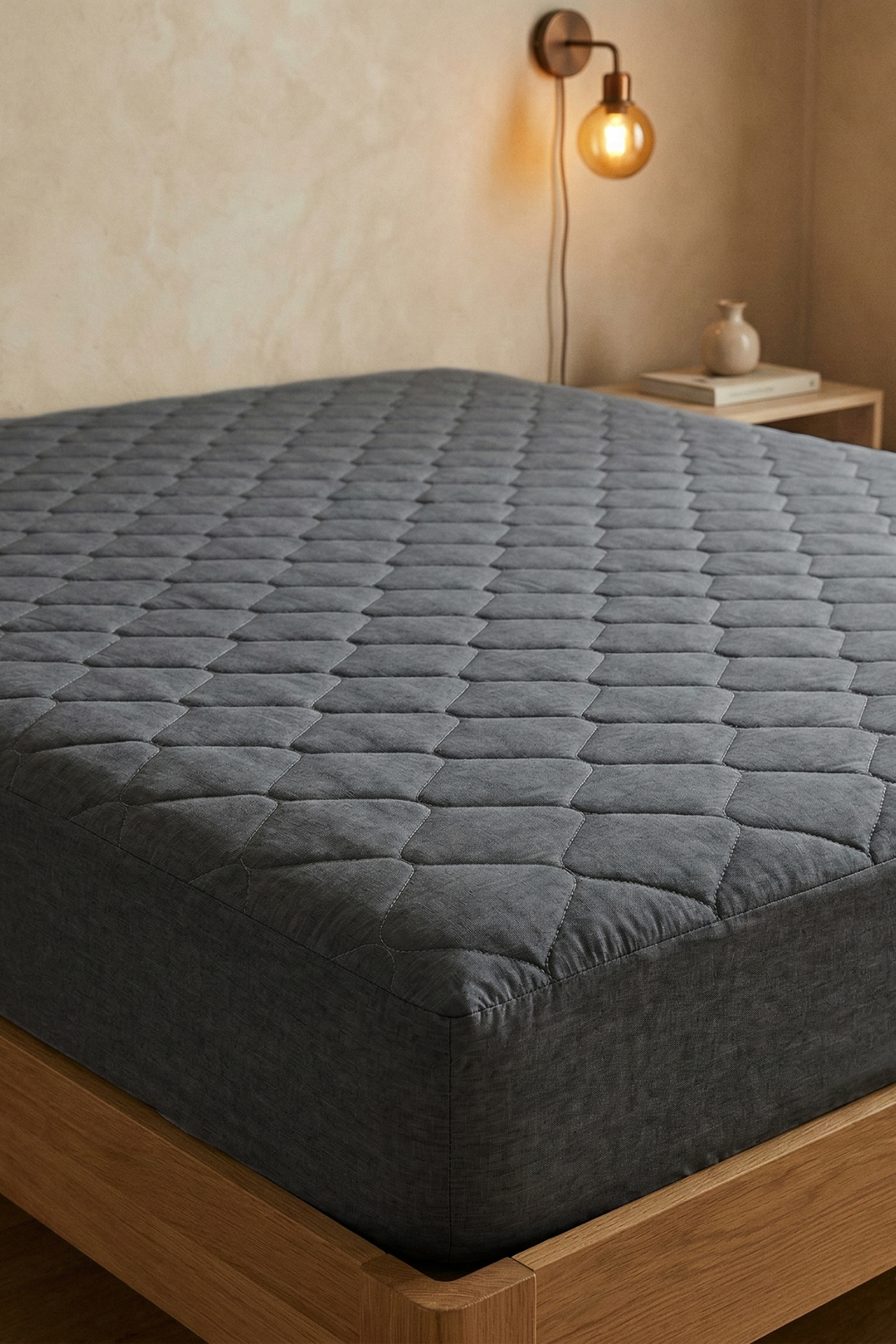 Kapitoneli Telalı Fitted Yatak Koruyucu Gri