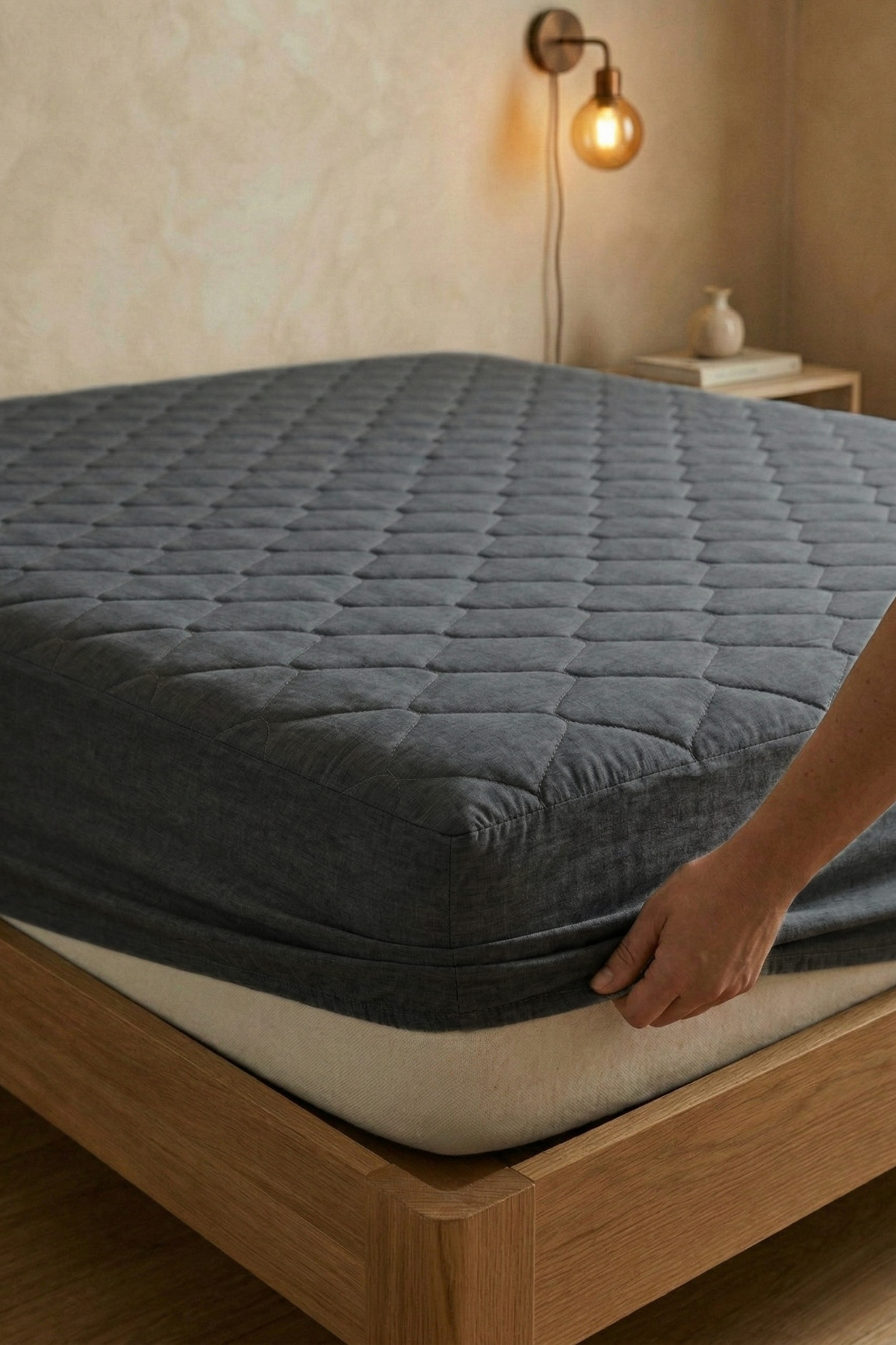 Kapitoneli Telalı Fitted Yatak Koruyucu Gri