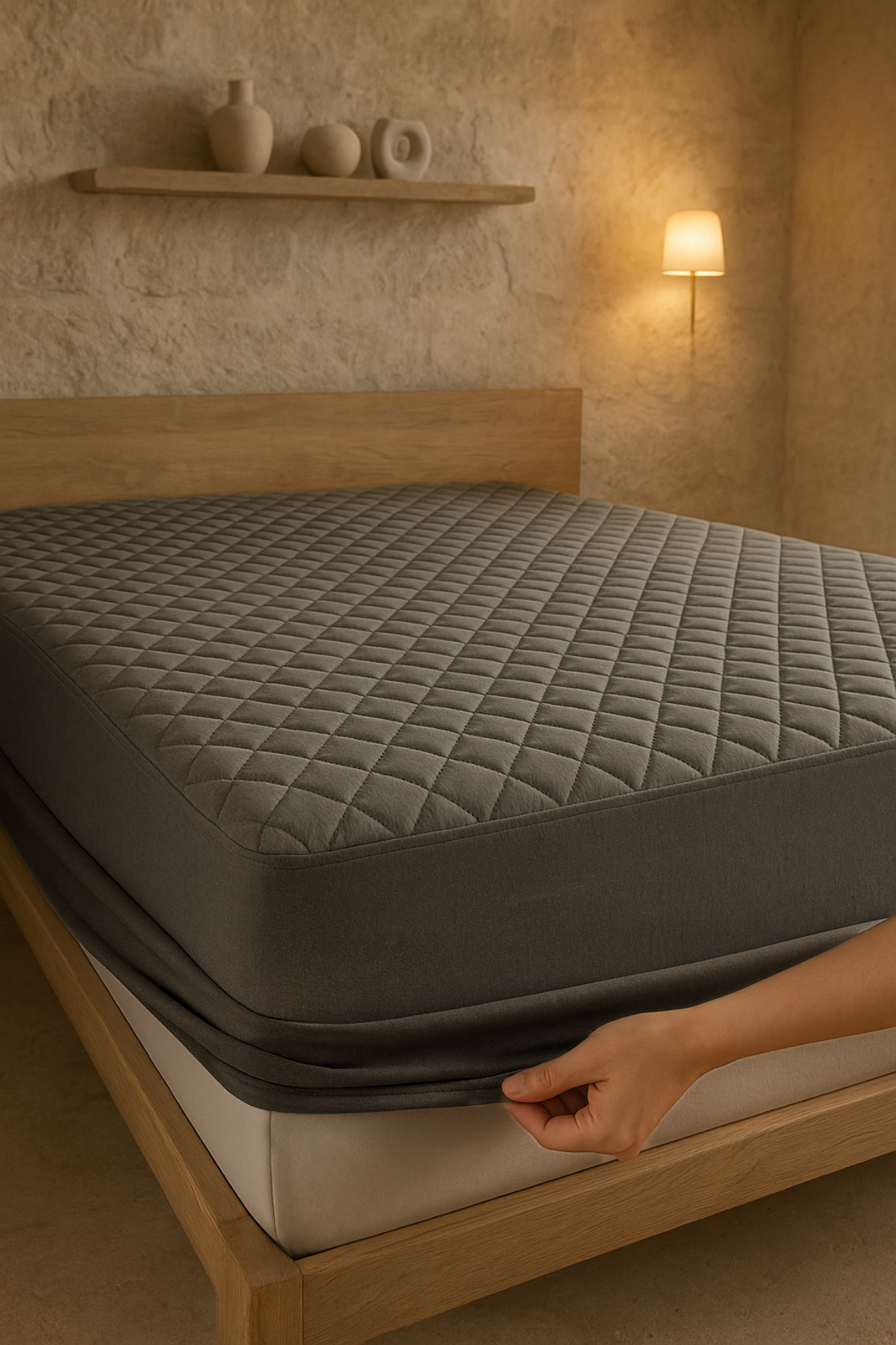 Kapitoneli Telalı Fitted Yatak Koruyucu Gri