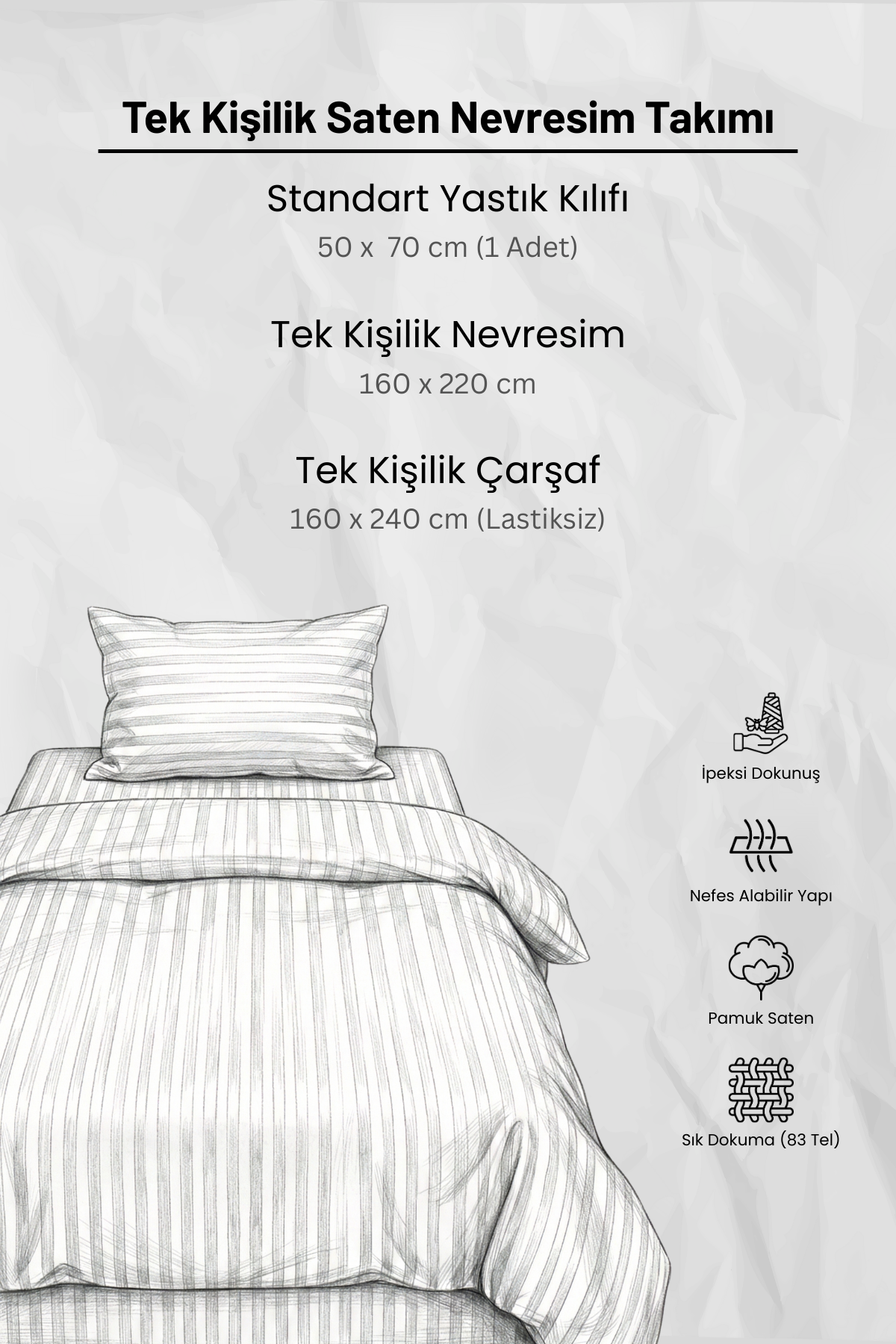 Tek Kişilik Pamuk - Saten 210 TC (83 Tel) Çizgili Nevresim Takımı Ekru