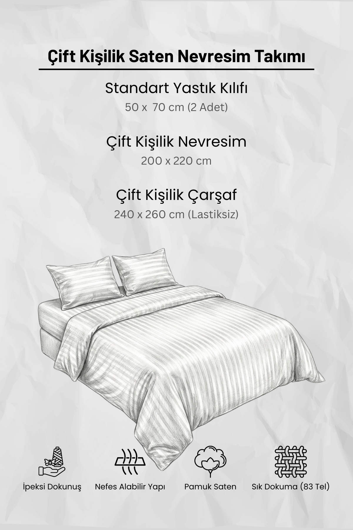 Çift Kişilik Pamuk - Saten 210 TC (83 Tel) Çizgili Nevresim Takımı Bej
